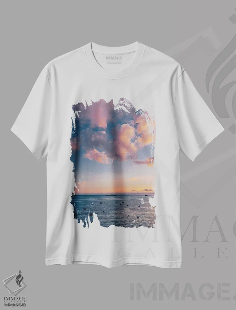 تیشرت سفید طرح دار غروب ساحل آمالفی شماره پنج، مدیوم اثر بثانی یانگ | immage.ir