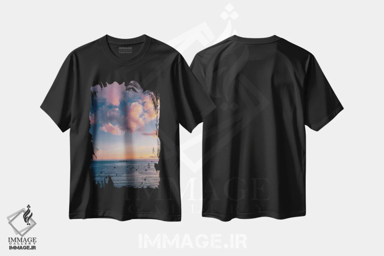 تیشرت مشکی طرح دار غروب ساحل آمالفی شماره پنج، مدیوم اثر بثانی یانگ | فروشگاه ایماژ