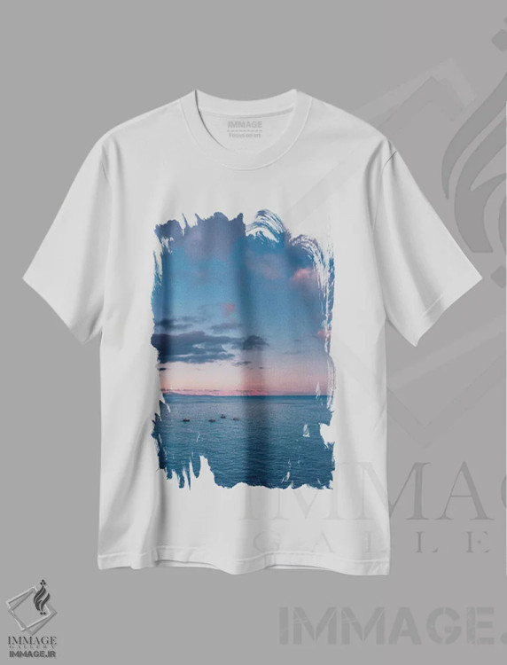 تیشرت سفید طرح دار غروب ساحل آمالفی شماره شش، مدیوم اثر بثانی یانگ | فروشگاه ایماژ