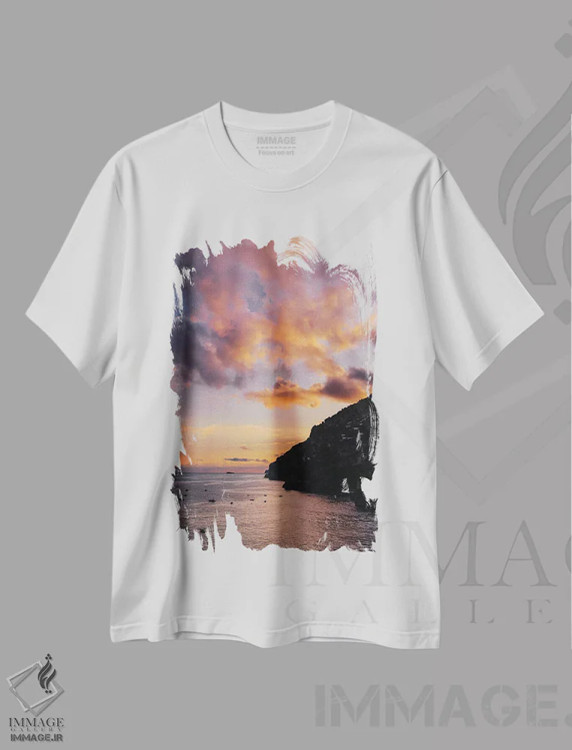 تیشرت سفید طرح دار غروب ساحل آمالفی شماره یک، مدیوم اثر بثانی یانگ | immage.ir