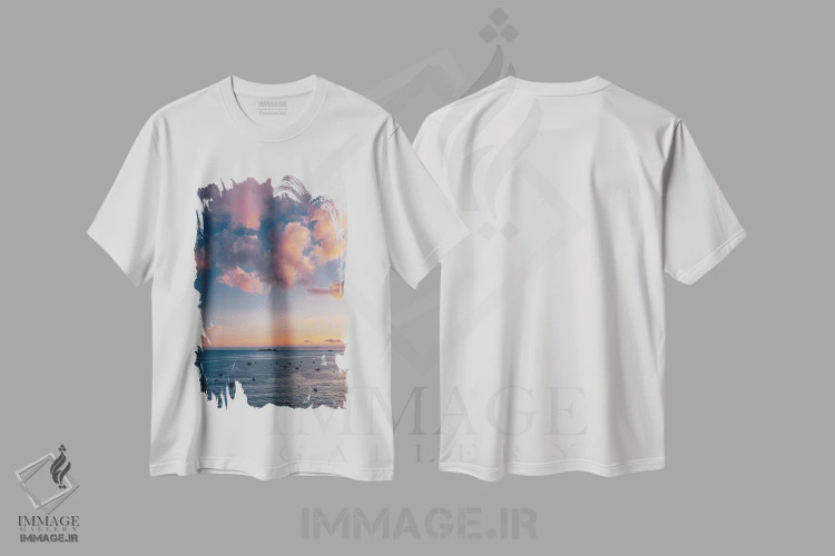 تیشرت سفید طرح دار غروب ساحل آمالفی شماره پنج، مدیوم اثر بثانی یانگ | immage.ir