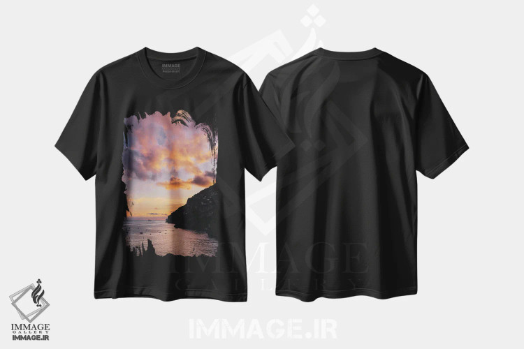 تیشرت مشکی طرح دار غروب ساحل آمالفی شماره یک، مدیوم اثر بثانی یانگ | فروشگاه ایماژ