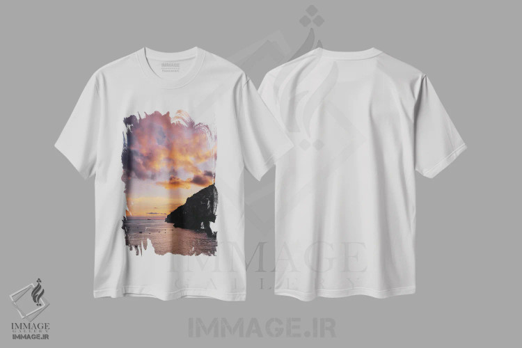 تیشرت سفید طرح دار غروب ساحل آمالفی شماره یک، مدیوم اثر بثانی یانگ | immage.ir
