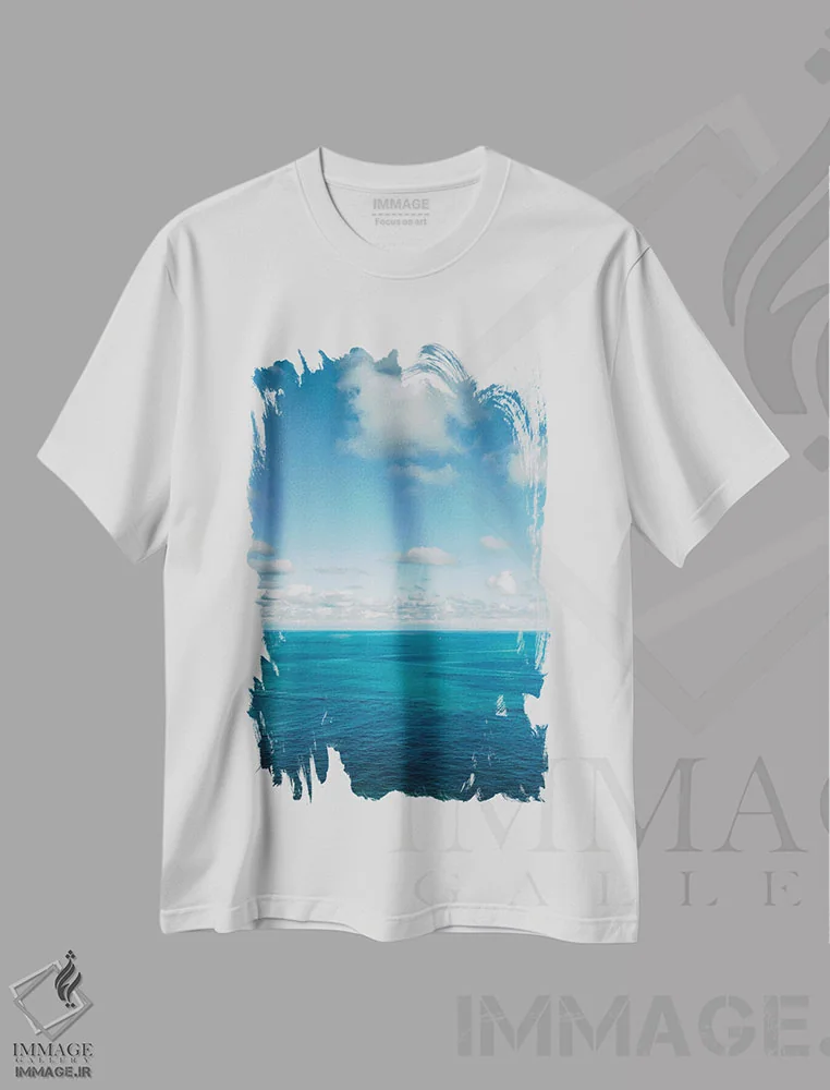 تیشرت سفید طرح دار آب ساحل آمالفی شماره هجده، مدیوم اثر بثانی یانگ | فروشگاه ایماژ