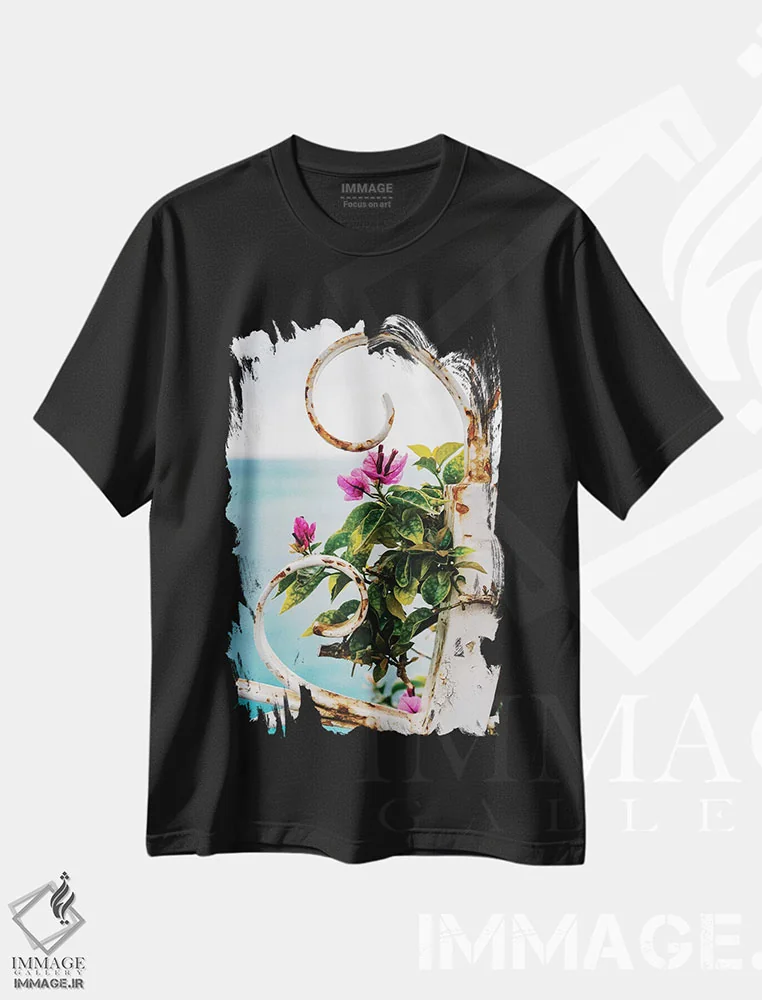 تیشرت مشکی طرح دار شکوفه های پوزیتانو شماره ده، مدیوم اثر بثانی یانگ | فروشگاه ایماژ