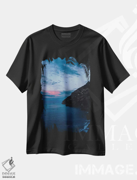 تیشرت مشکی طرح دار طلوع آفتاب پوزیتانو دو، مدیوم اثر بثانی یانگ | فروشگاه ایماژ