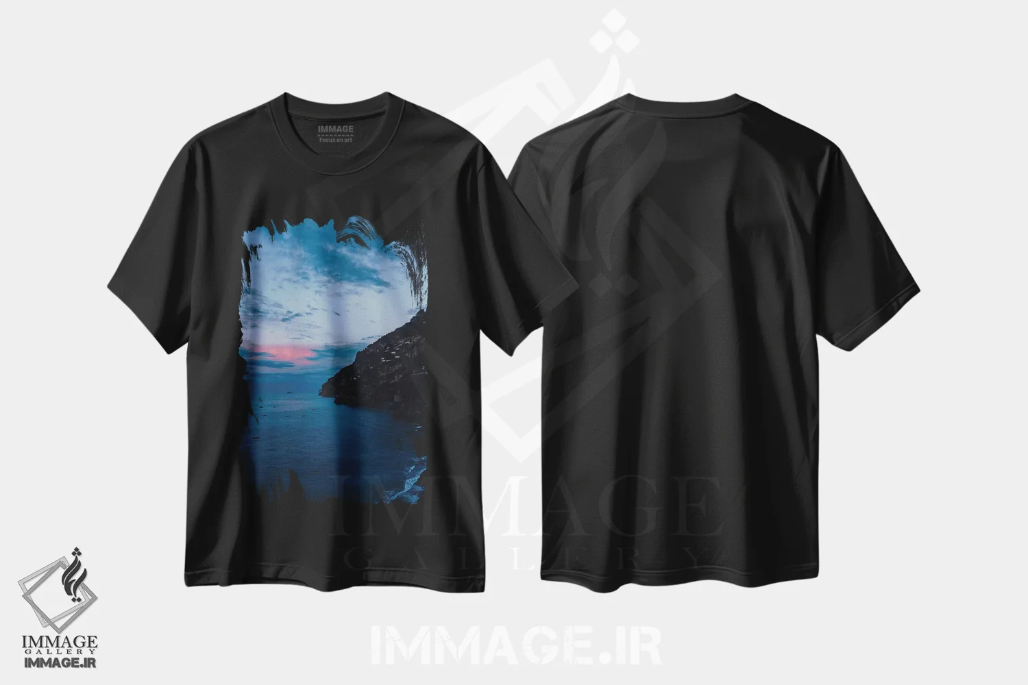 تیشرت مشکی طرح دار طلوع آفتاب پوزیتانو دو، مدیوم اثر بثانی یانگ | فروشگاه ایماژ