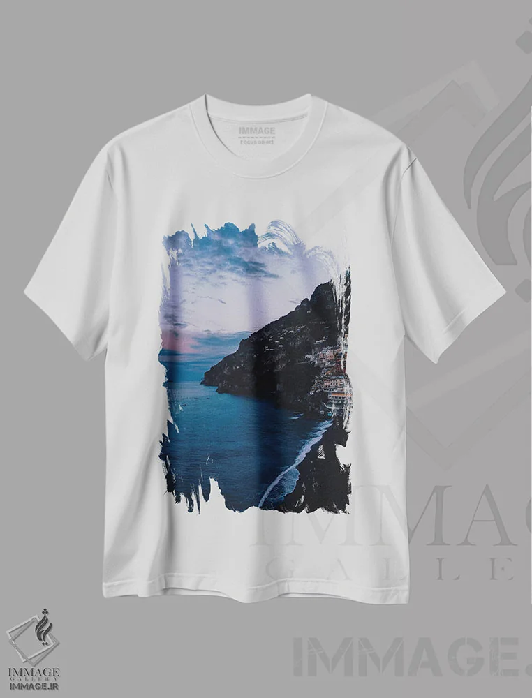 تیشرت سفید طرح دار طلوع آفتاب پوزیتانو پنج، مدیوم اثر بثانی یانگ | فروشگاه ایماژ