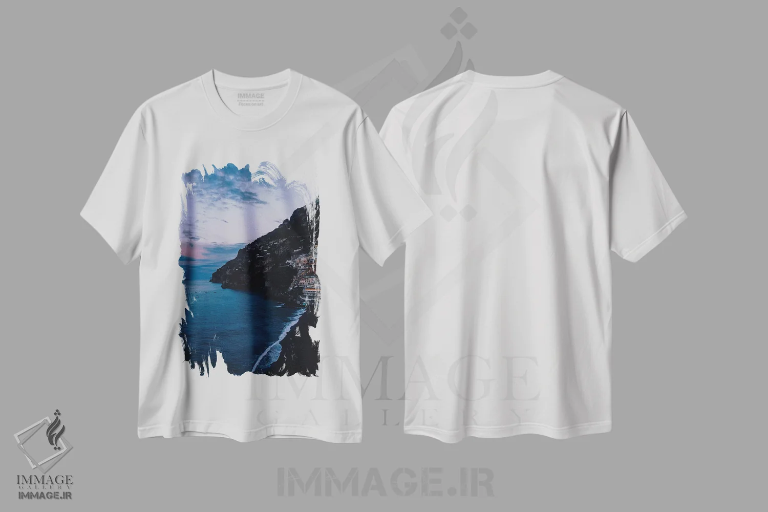 تیشرت سفید طرح دار طلوع آفتاب پوزیتانو پنج، مدیوم اثر بثانی یانگ | فروشگاه ایماژ