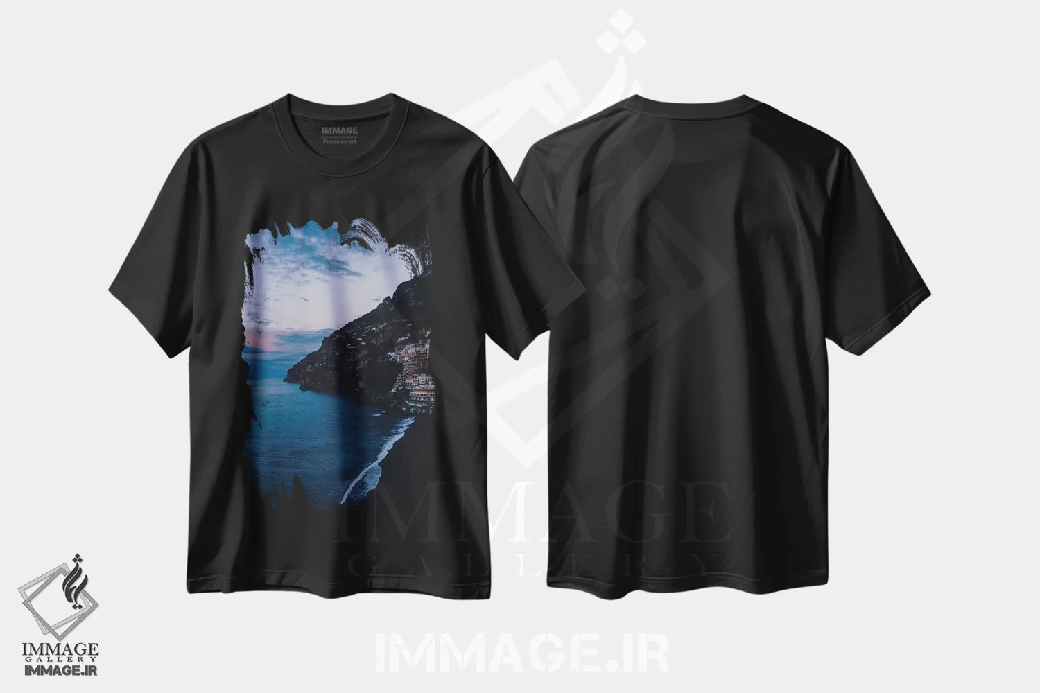 تیشرت مشکی طرح دار طلوع آفتاب پوزیتانو پنج، مدیوم اثر بثانی یانگ | immage.ir
