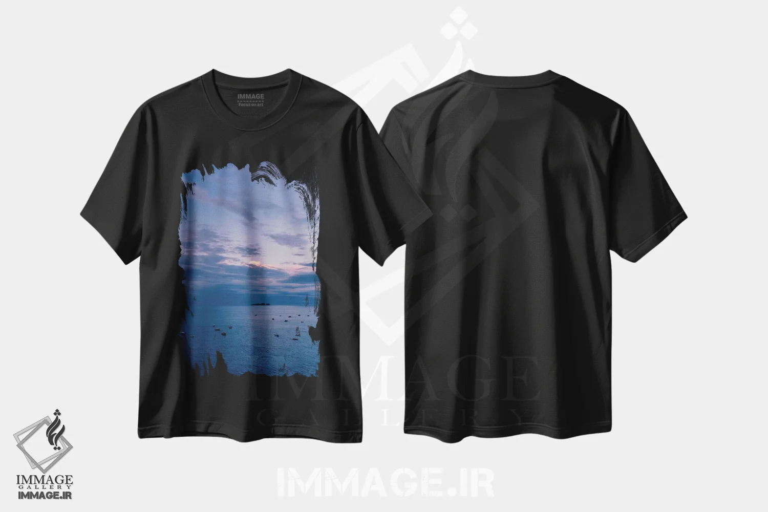 تیشرت مشکی طرح دار طلوع آفتاب پوزیتانو هشت، مدیوم اثر بثانی یانگ | فروشگاه ایماژ