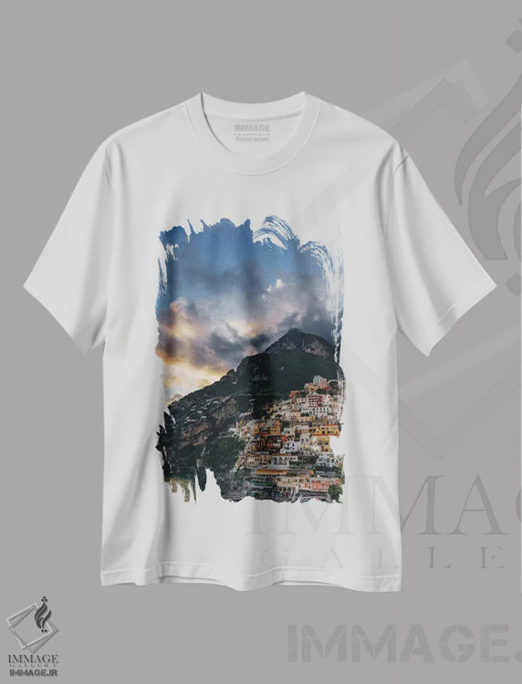تیشرت سفید طرح دار غروب پوزیتانو پنج، مدیوم اثر بثانی یانگ | فروشگاه ایماژ