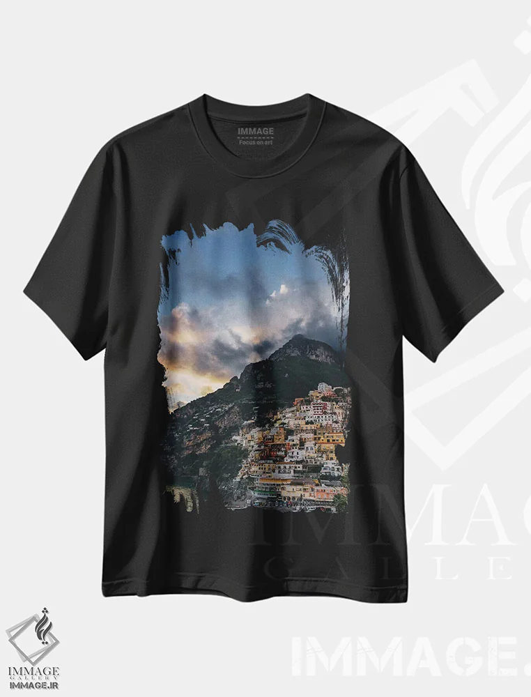 تیشرت مشکی طرح دار غروب پوزیتانو پنج، مدیوم اثر بثانی یانگ | immage.ir