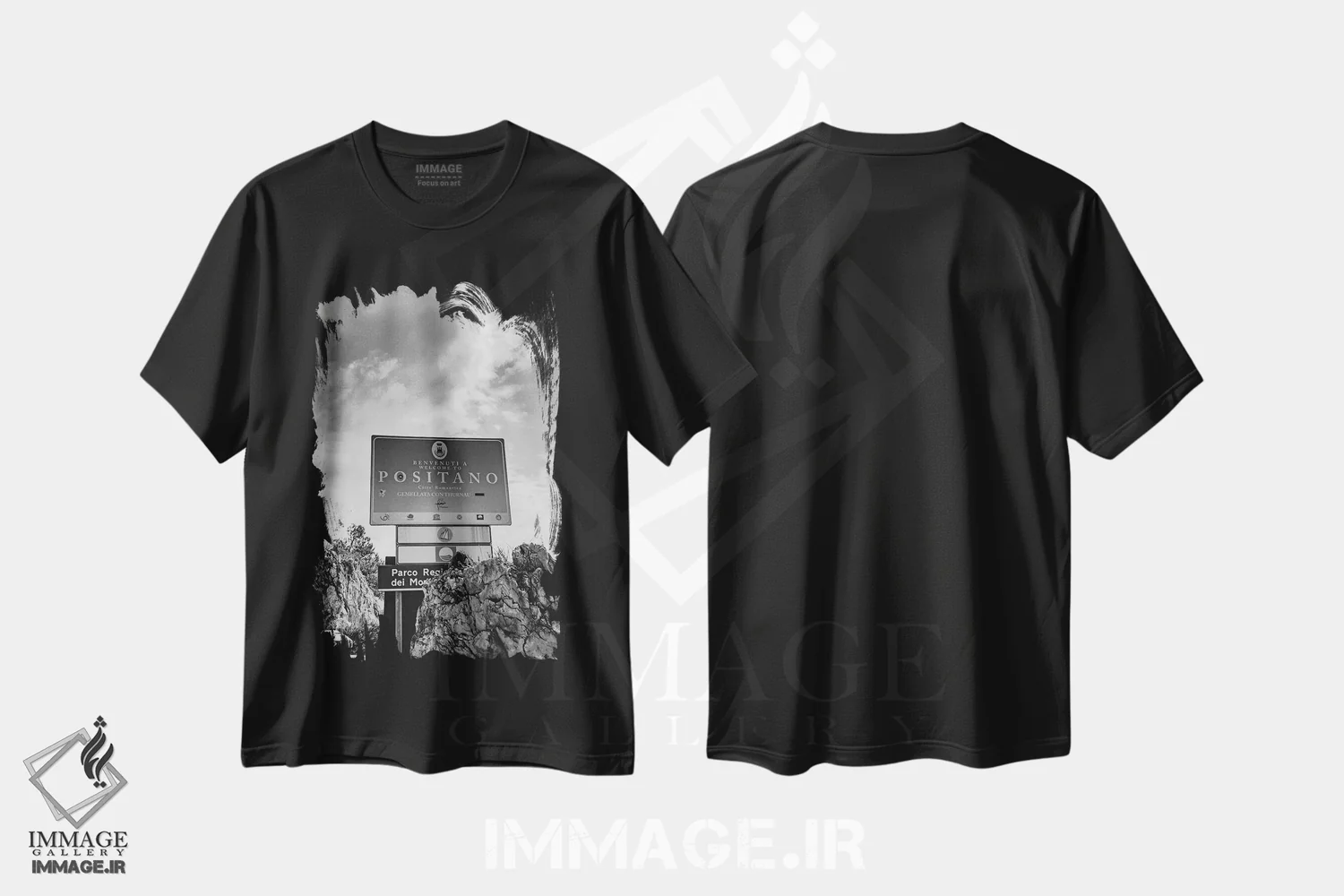 تیشرت مشکی طرح دار پوزیتانو پانزده، عکاسی سیاه و سفید اثر بثانی یانگ | فروشگاه ایماژ