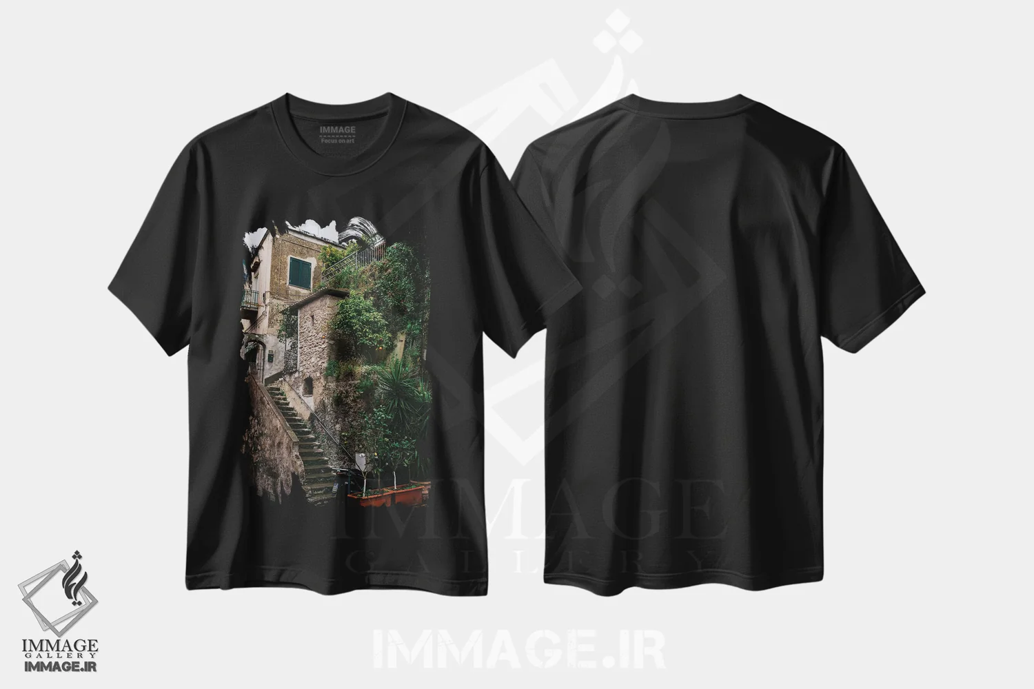 تیشرت مشکی طرح دار پوزیتانوی بارانی سه، مدیوم اثر بثانی یانگ | فروشگاه ایماژ