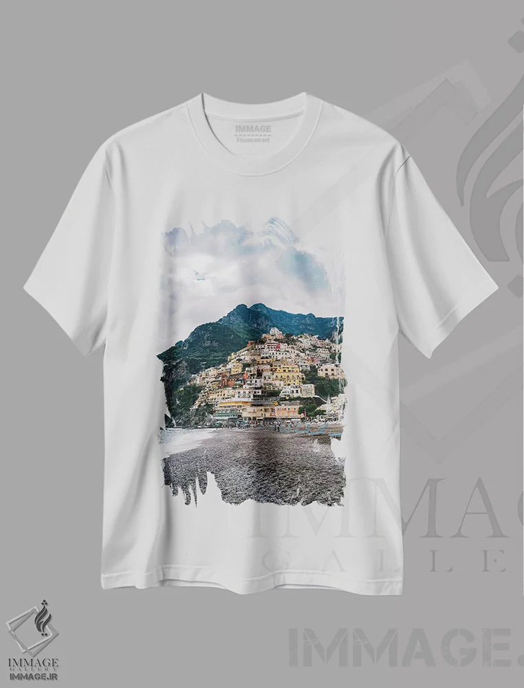 تیشرت سفید طرح دار پوزیتانوی بارانی یازده، مدیوم اثر بثانی یانگ | فروشگاه ایماژ