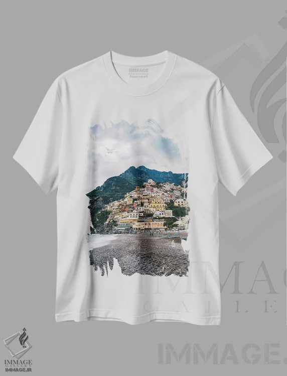 تیشرت سفید طرح دار پوزیتانوی بارانی یازده، مدیوم اثر بثانی یانگ | فروشگاه ایماژ