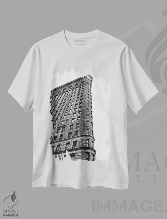 تیشرت سفید طرح دار روز بارانی در فلت آیرون سه، عکاسی سیاه و سفید اثر بثانی یانگ | فروشگاه ایماژ