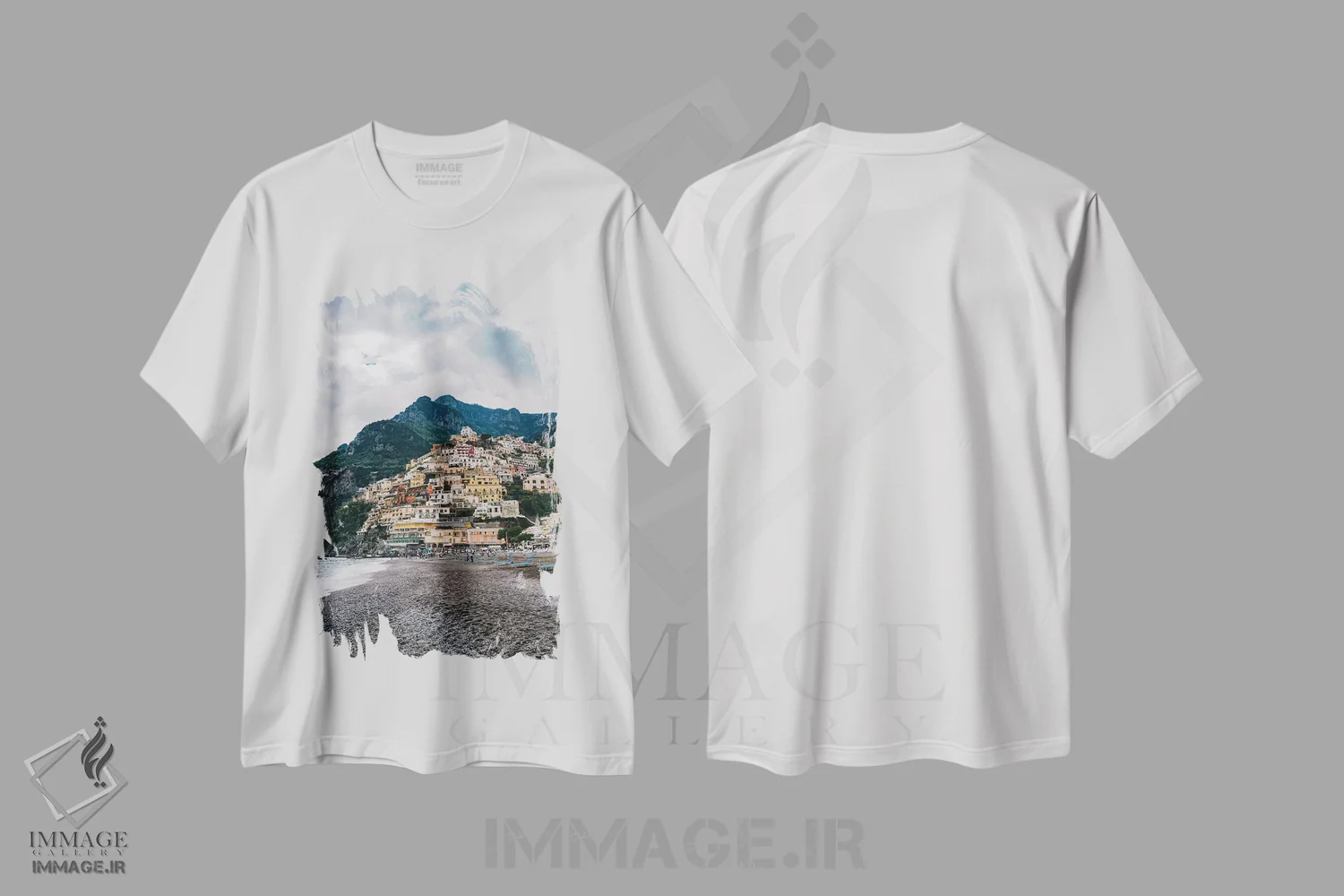 تیشرت سفید طرح دار پوزیتانوی بارانی یازده، مدیوم اثر بثانی یانگ | فروشگاه ایماژ