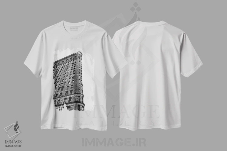 تیشرت سفید طرح دار روز بارانی در فلت آیرون سه، عکاسی سیاه و سفید اثر بثانی یانگ | فروشگاه ایماژ