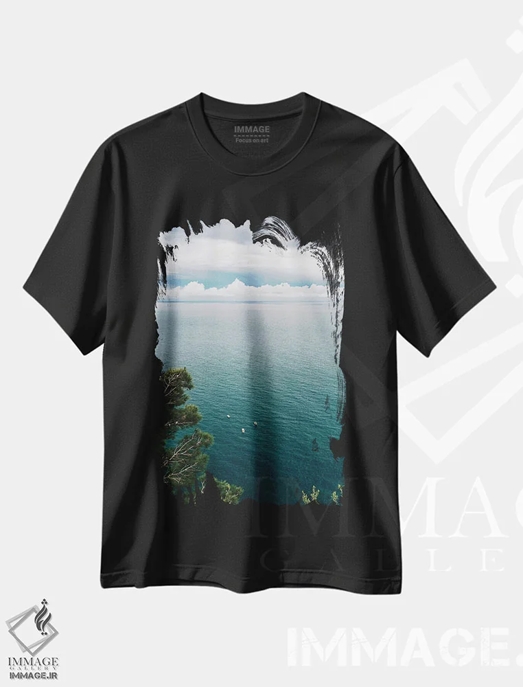 تیشرت مشکی طرح دار رانندگی طوفانی در ساحل آمالفی پنج، مدیوم اثر بثانی یانگ | فروشگاه ایماژ
