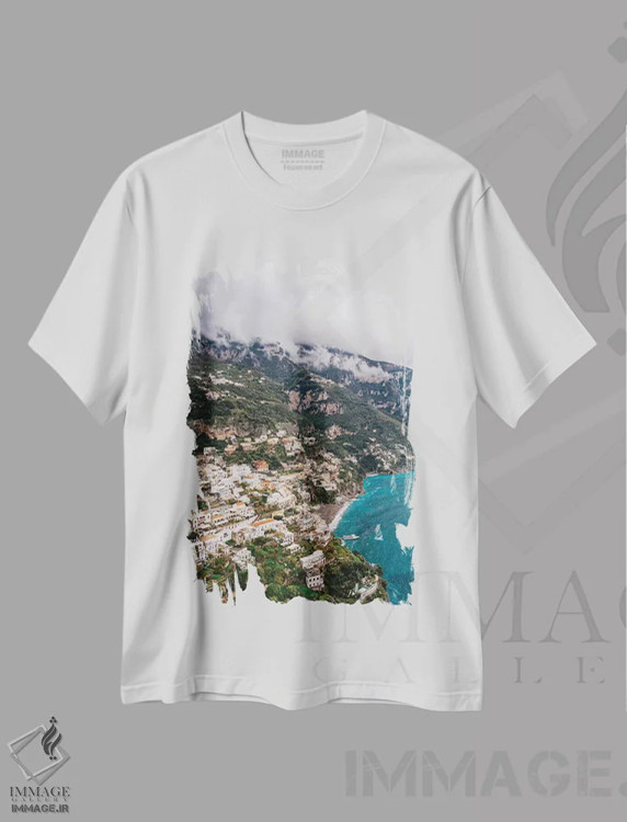 تیشرت سفید طرح دار پوزیتانوی طوفانی دو، مدیوم اثر بثانی یانگ | immage.ir