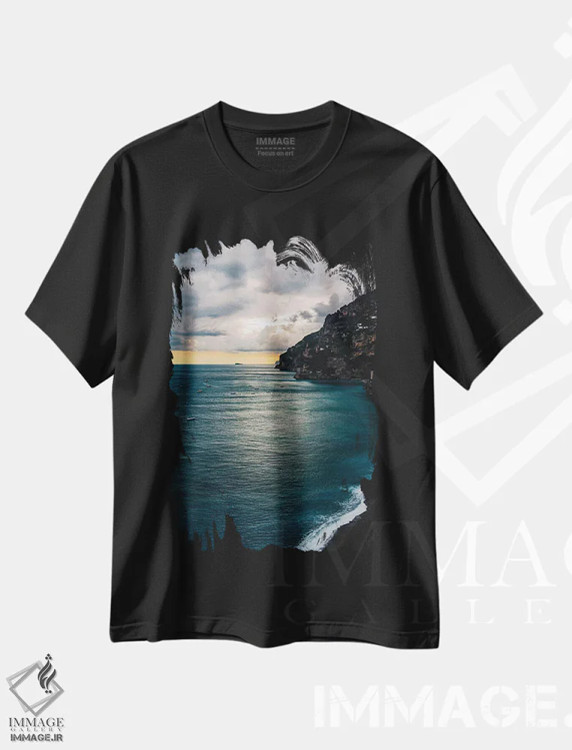 تیشرت مشکی طرح دار پوزیتانوی طوفانی هفت، مدیوم اثر بثانی یانگ | فروشگاه ایماژ