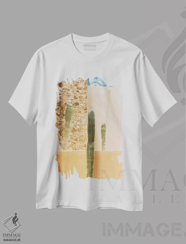 تیشرت سفید طرح دار کاکتوس انتزاعی، مدیوم اثر بثانی یانگ | فروشگاه ایماژ