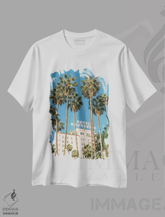 تیشرت سفید طرح دار هتل هالیوود، مدیوم اثر بثانی یانگ | فروشگاه ایماژ