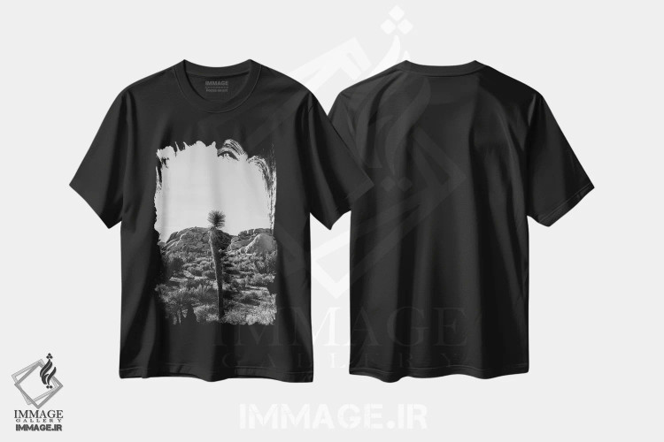 تیشرت مشکی طرح دار پارک ملی جاشوا تری هجده، عکاسی سیاه و سفید اثر بثانی یانگ | فروشگاه ایماژ