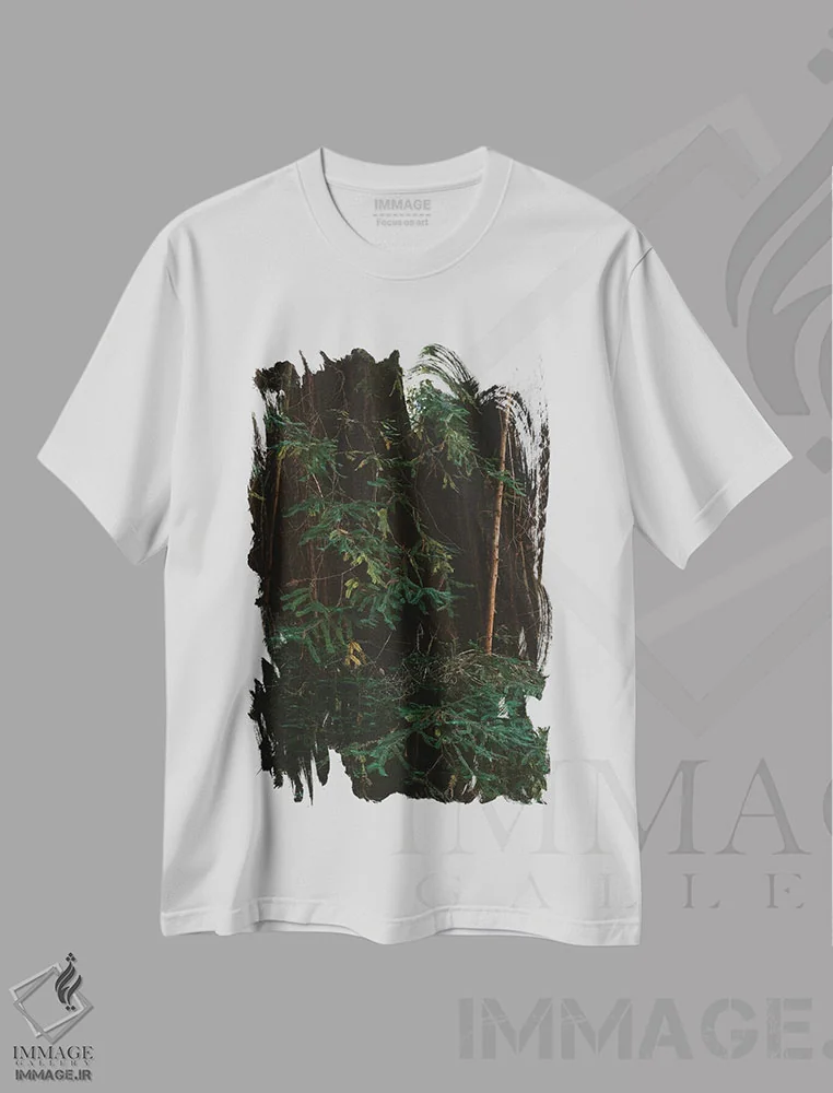 تیشرت سفید طرح دار جنگل سرخ چوب سوم، مدیوم اثر بثانی یانگ | immage.ir