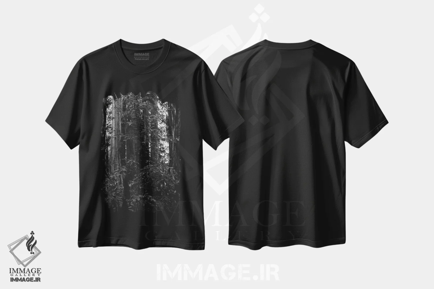تیشرت مشکی طرح دار جنگل سرخ چوب هفتم، عکاسی سیاه و سفید اثر بثانی یانگ | فروشگاه ایماژ