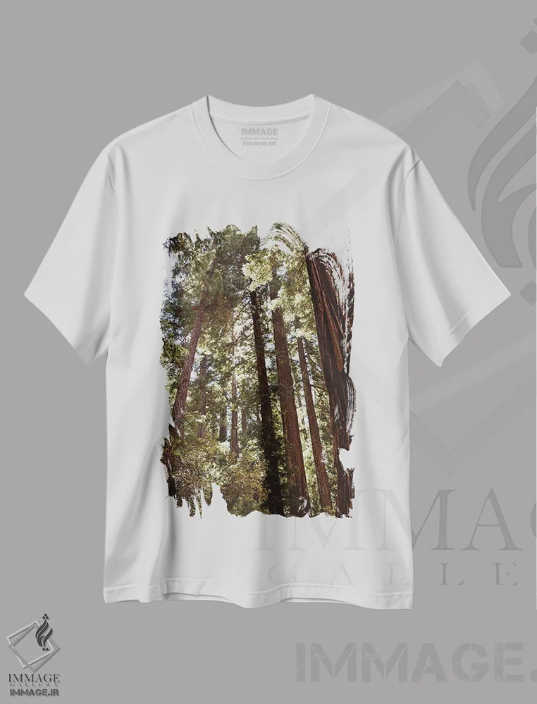 تیشرت سفید طرح دار جنگل سرخ چوب دوازدهم، مدیوم اثر بثانی یانگ | immage.ir