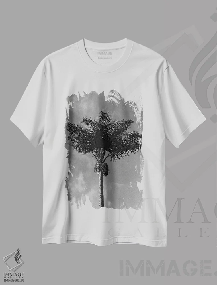 تیشرت سفید طرح دار نخل سیاه و سفید، عکاسی سیاه و سفید اثر بثانی یانگ | فروشگاه ایماژ