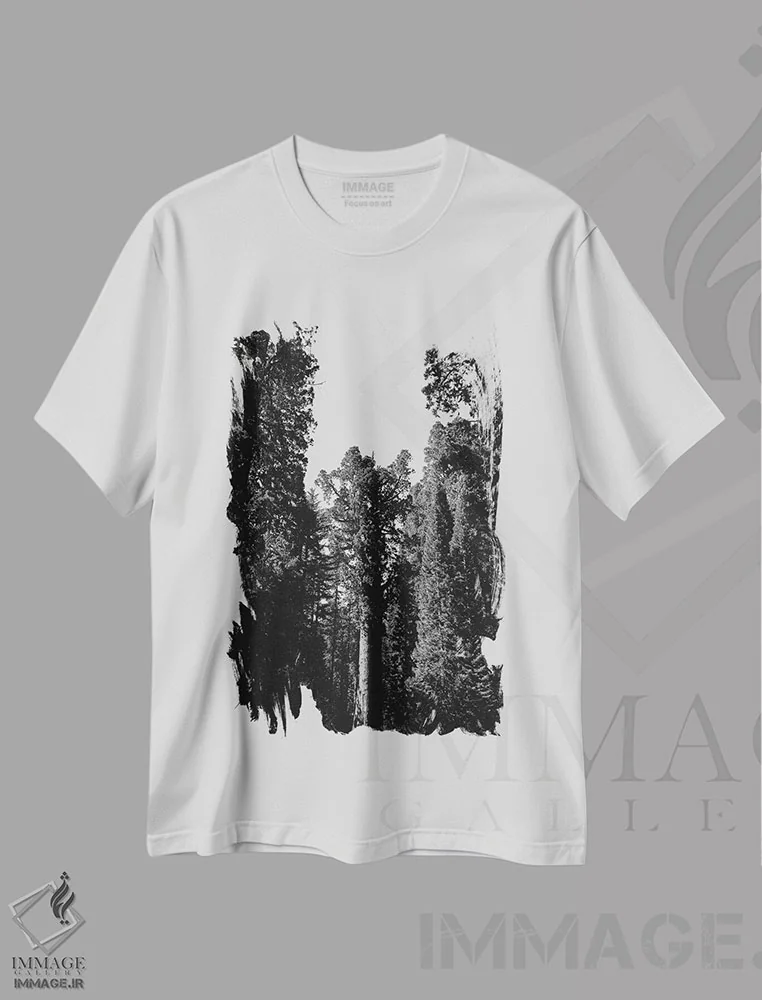 تیشرت سفید طرح دار پارک ملی سکویا دوازدهم، عکاسی سیاه و سفید اثر بثانی یانگ | فروشگاه ایماژ