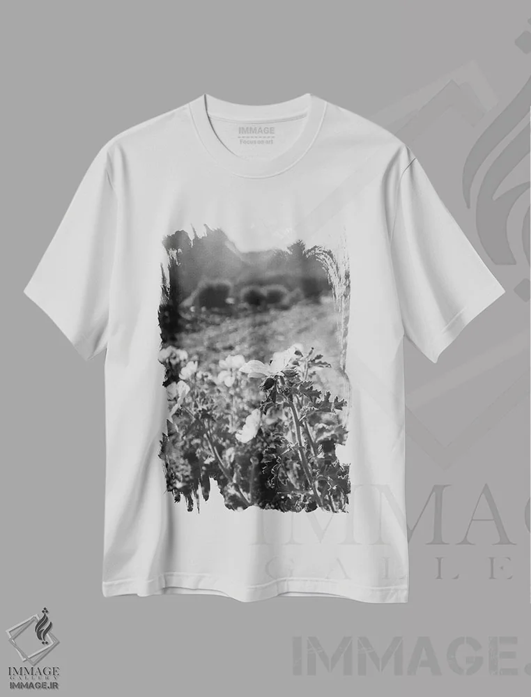 تیشرت سفید طرح دار شکوفه های یوسیمیتی سیاه و سفید، عکاسی سیاه و سفید اثر بثانی یانگ | فروشگاه ایماژ