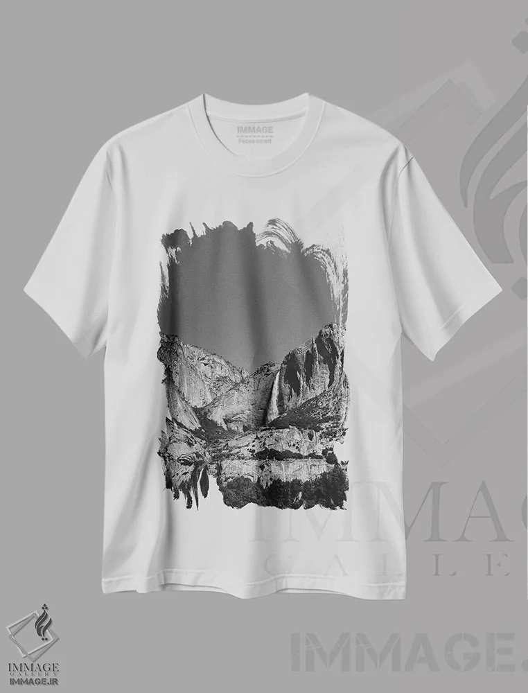 تیشرت سفید طرح دار آبشار یوسیمیتی هشتم، عکاسی سیاه و سفید اثر بثانی یانگ | فروشگاه ایماژ