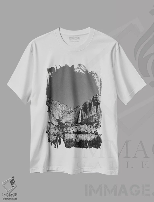 تیشرت سفید طرح دار آبشار یوسیمیتی هشتم، عکاسی سیاه و سفید اثر بثانی یانگ | فروشگاه ایماژ