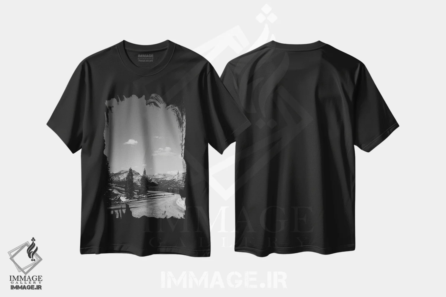 تیشرت مشکی طرح دار سفر جاده ای یوسیمیتی، عکاسی سیاه و سفید اثر بثانی یانگ | immage.ir