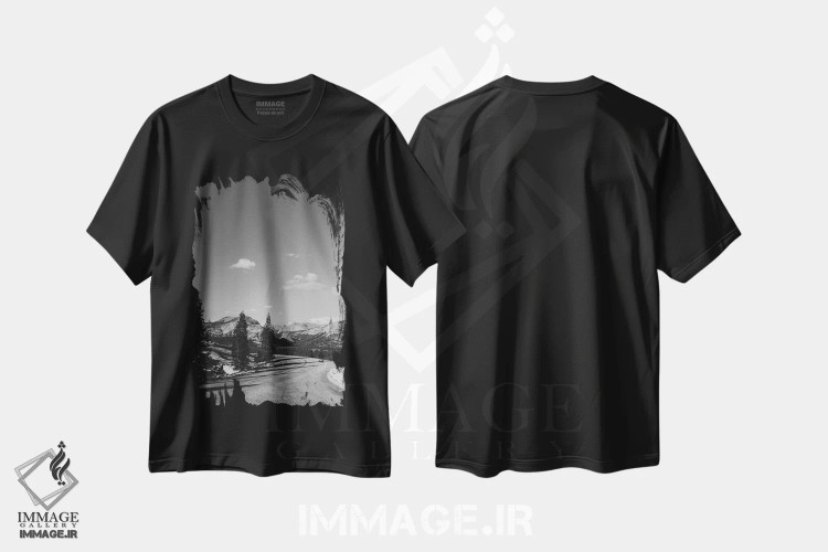 تیشرت مشکی طرح دار سفر جاده ای یوسیمیتی، عکاسی سیاه و سفید اثر بثانی یانگ | immage.ir