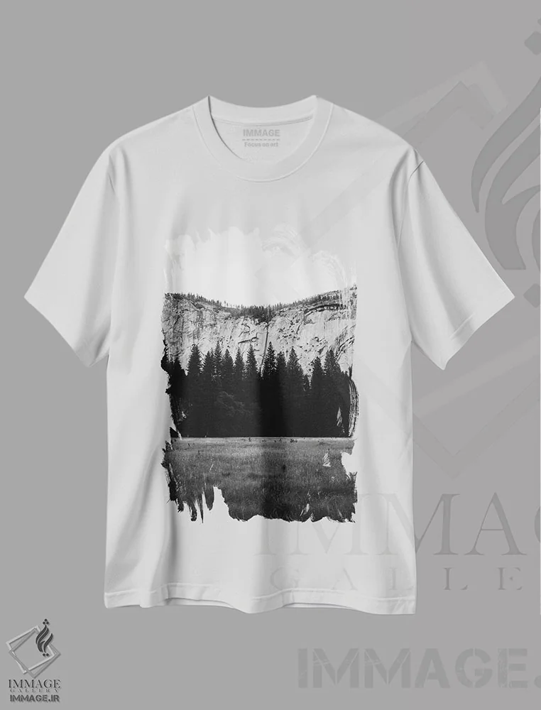 تیشرت سفید طرح دار دره یوسیمیتی چهارم، عکاسی سیاه و سفید اثر بثانی یانگ | فروشگاه ایماژ