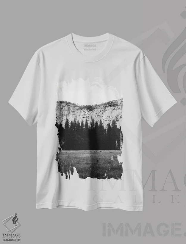 تیشرت سفید طرح دار دره یوسیمیتی چهارم، عکاسی سیاه و سفید اثر بثانی یانگ | فروشگاه ایماژ