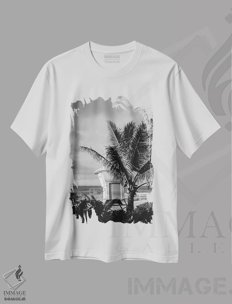تیشرت سفید طرح دار برج نجات غریق هاوایی دوم، عکاسی سیاه و سفید اثر بثانی یانگ | فروشگاه ایماژ