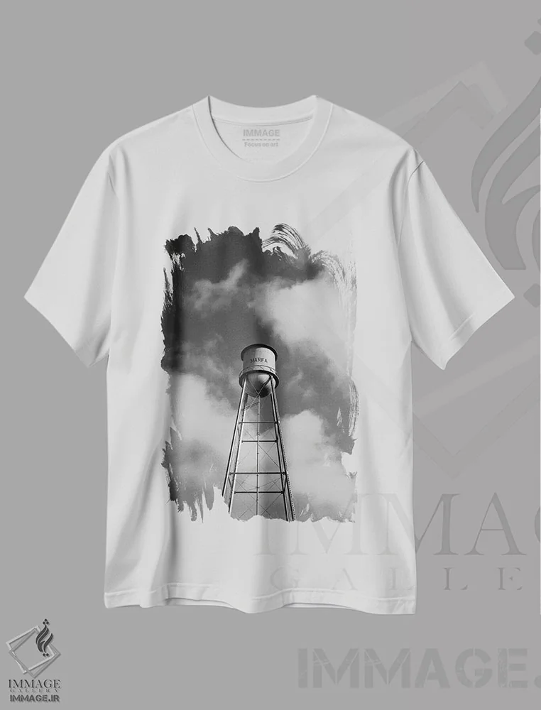 تیشرت سفید طرح دار برج آب مارفا سیاه و سفید، عکاسی سیاه و سفید اثر بثانی یانگ | فروشگاه ایماژ