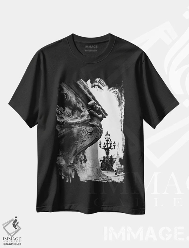 تیشرت مشکی طرح دار پاریس سیاه ۶، عکاسی سیاه و سفید اثر بثانی یانگ | فروشگاه ایماژ