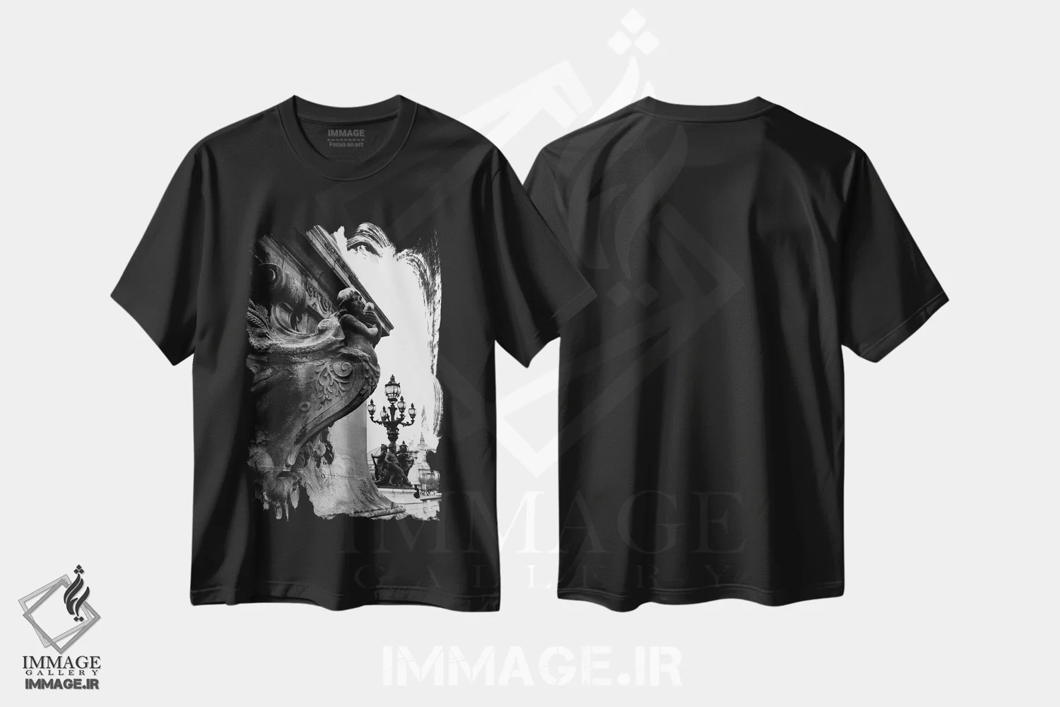 تیشرت مشکی طرح دار پاریس سیاه ۶، عکاسی سیاه و سفید اثر بثانی یانگ | فروشگاه ایماژ
