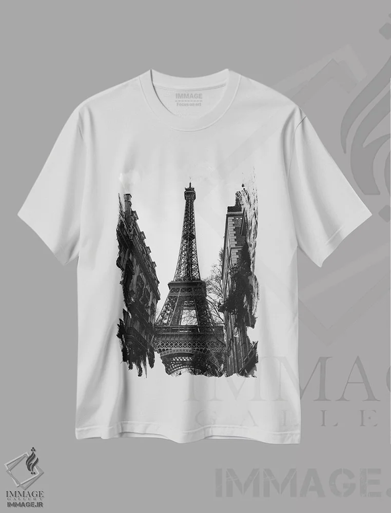 تیشرت سفید طرح دار پاریس سیاه ۸، عکاسی سیاه و سفید اثر بثانی یانگ | فروشگاه ایماژ