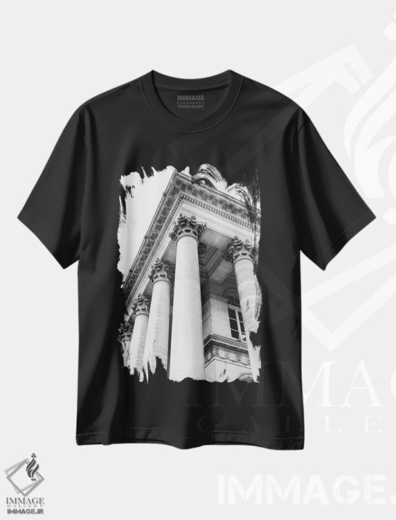 تیشرت مشکی طرح دار معماری پاریس ۸، عکاسی سیاه و سفید اثر بثانی یانگ | فروشگاه ایماژ