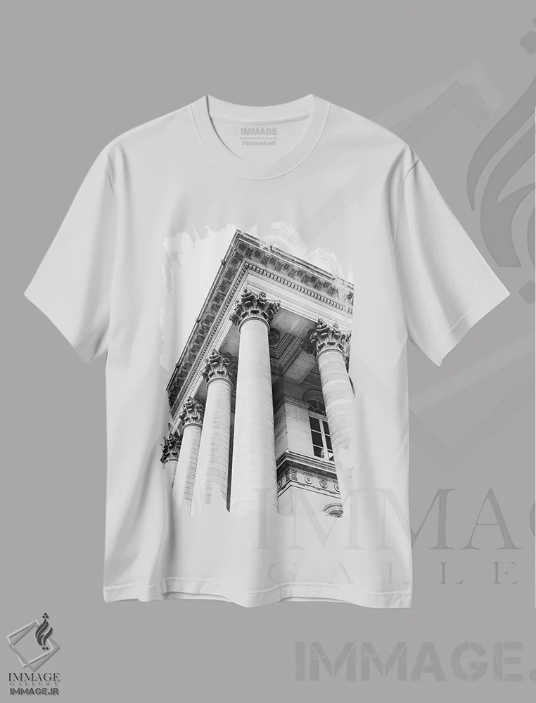 تیشرت سفید طرح دار معماری پاریس ۸، عکاسی سیاه و سفید اثر بثانی یانگ | immage.ir
