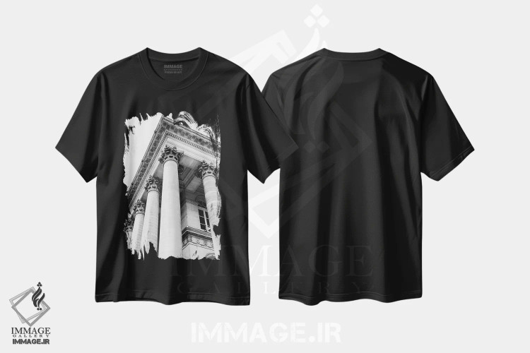 تیشرت مشکی طرح دار معماری پاریس ۸، عکاسی سیاه و سفید اثر بثانی یانگ | فروشگاه ایماژ